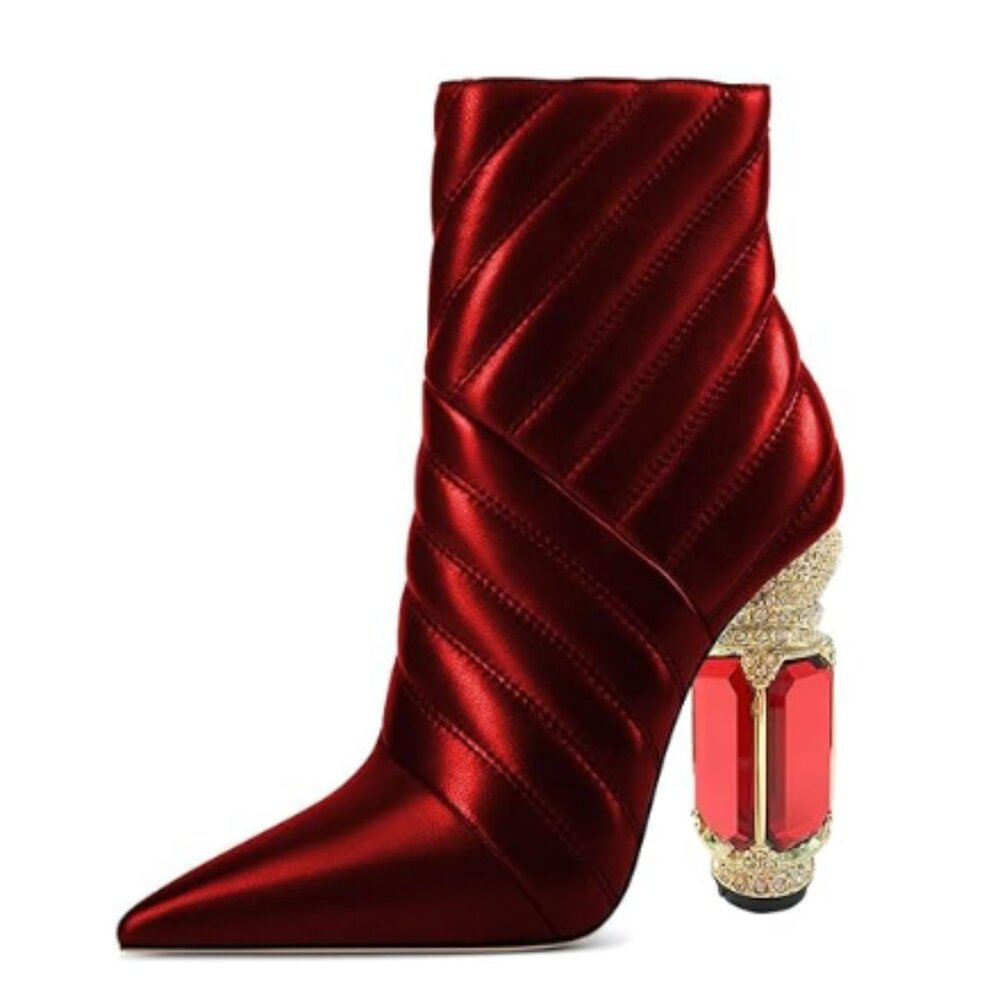 FSJ Women Sparkly Crystal Block High Heel Pointed Toe Ankle Boot Side Zipper Red